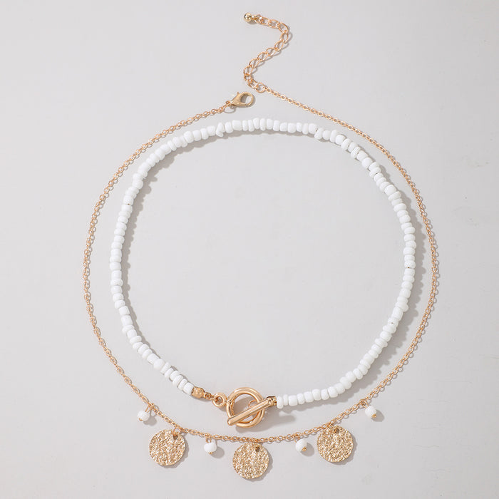 Versatile White Bead Necklace – Layered Round Sequin Design