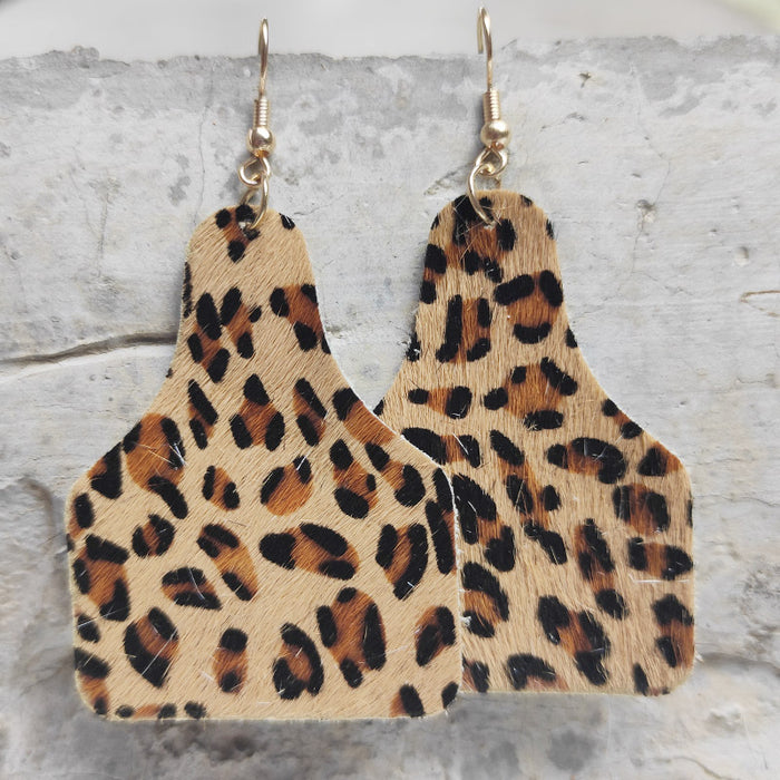 Long Hair Leather Southwestern Style Cow Tag Earrings with Western Cowboy Design