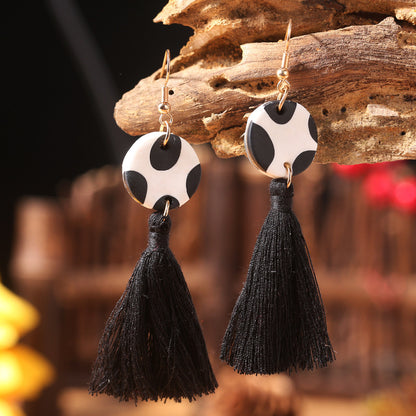 Western Cow Print Tassel Earrings with Soft Clay Design