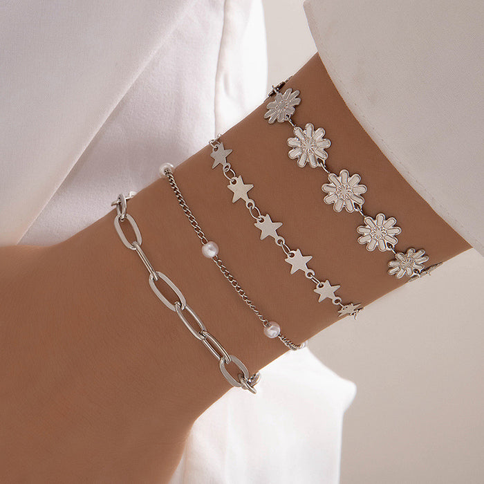 Boho Pearl Multi-Layer Bracelet Set - Star and Flower Design Women’s Jewelry