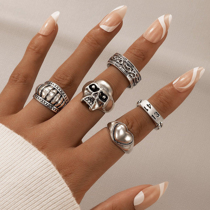 Black Geometric Mushroom Alphabet 6-Piece Ring Set