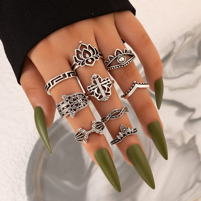 Retro style lotus totem cross nine-piece ring set all-match