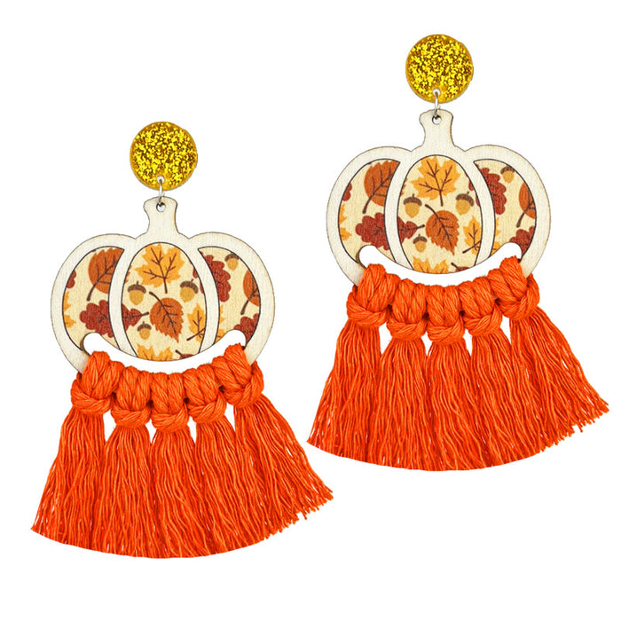 Thanksgiving Themed Woven Tassel Earrings with Turkey and Pumpkin Designs for Holiday Gatherings