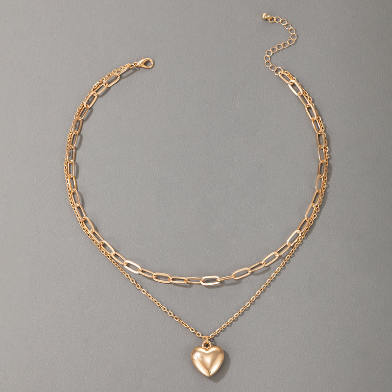 Heavy Metal Alloy Heart Double Layer Necklace with Geometric Chain Multi-Layer Clavicle Design