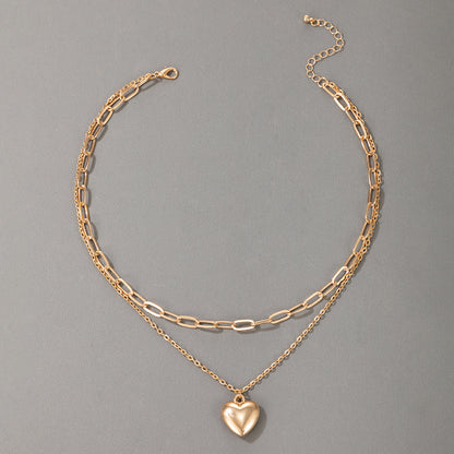 Heavy Metal Alloy Heart Double Layer Necklace with Geometric Chain Multi-Layer Clavicle Design