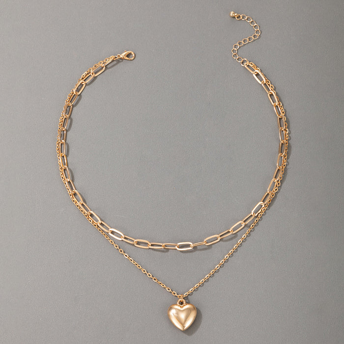 Heavy Metal Alloy Heart Double Layer Necklace with Geometric Chain Multi-Layer Clavicle Design