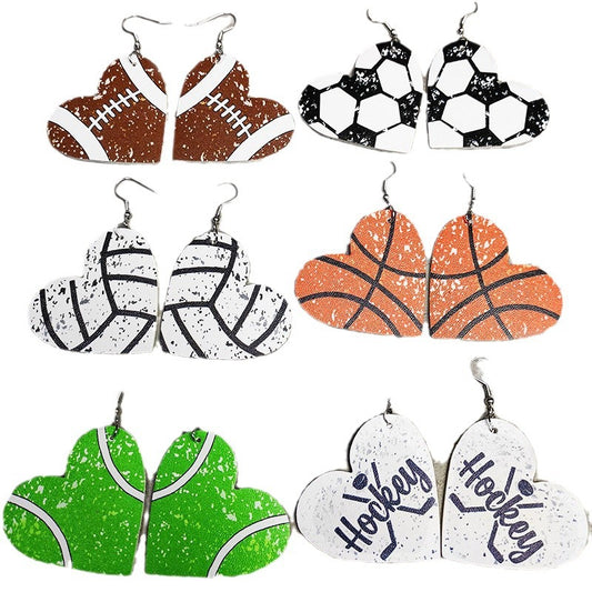 Heart Shaped Sports Leather Earrings with Baseball, Soccer, and Football Design