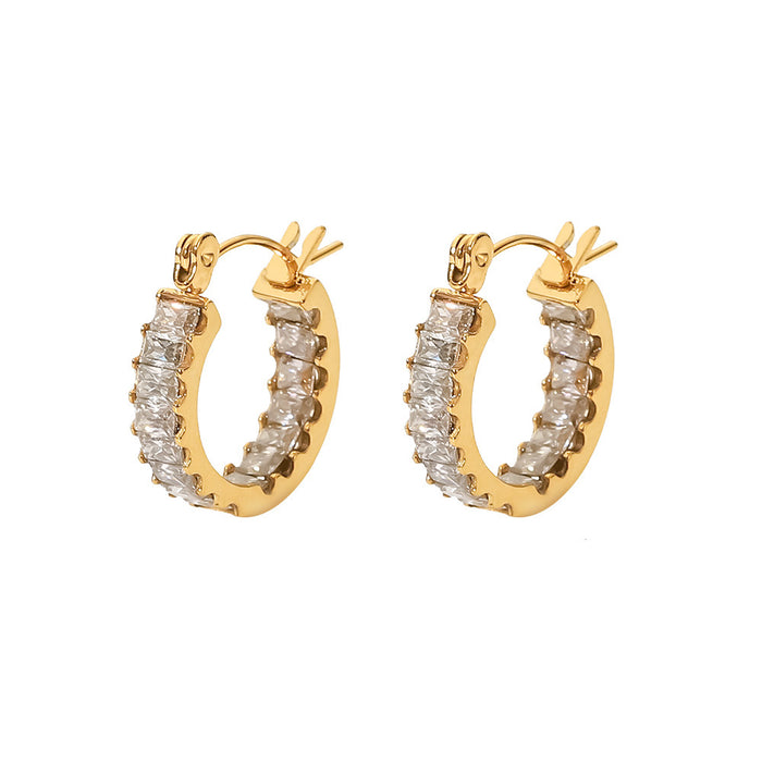 Unique Style Titanium Steel Earrings - 18K Gold Plated Stainless Steel Zircon Inlaid Hoop Earrings