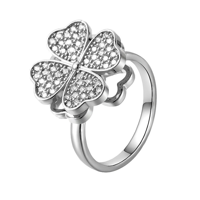 Wholesale zircon four-leaf clover rotating open ring