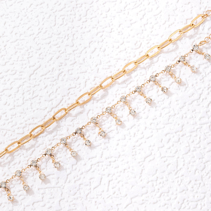 Crystal Tassel Double-Layer Anklet with Geometric Chain Design