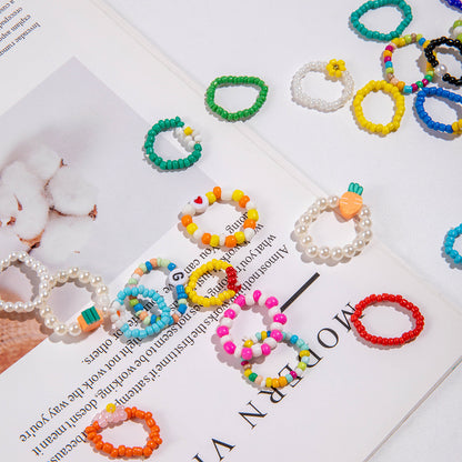 Colorful Beaded Flower Rings - 10pcs Set