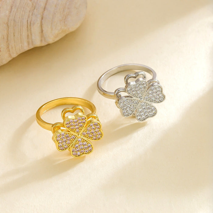 Wholesale zircon four-leaf clover rotating open ring