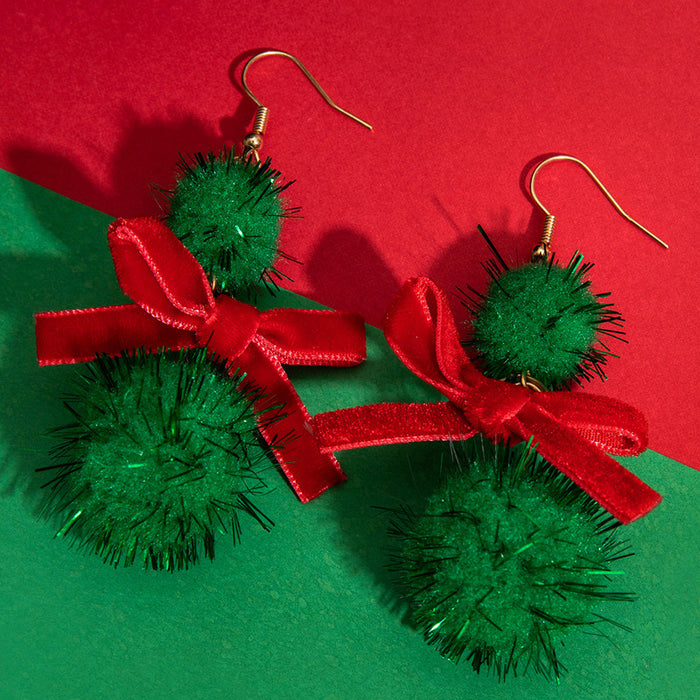 Christmas creative fur ball earrings red and green bow cute earrings for women