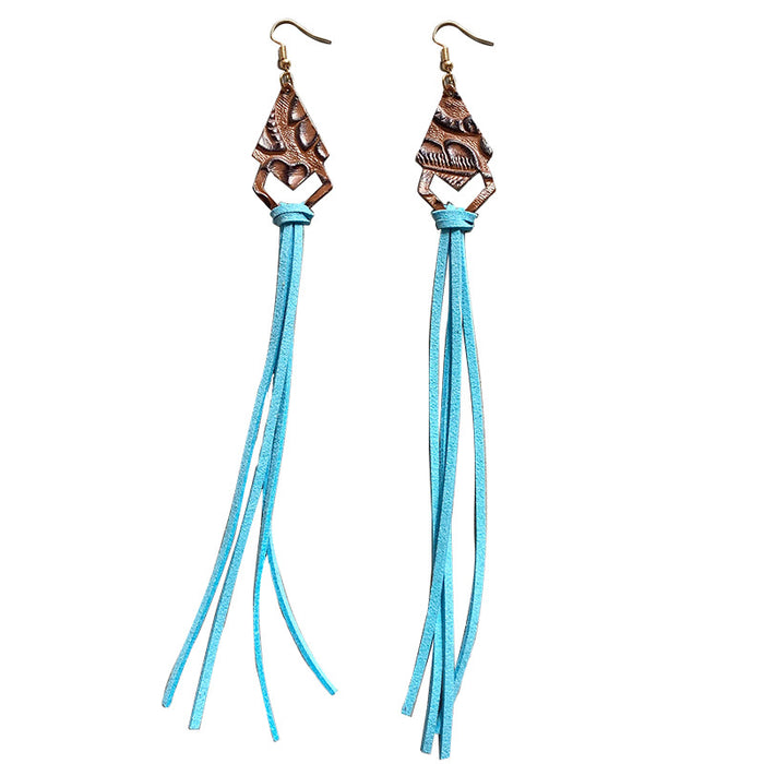 Western Style Simple Crazy Horse Leather Earrings with Turquoise Stone