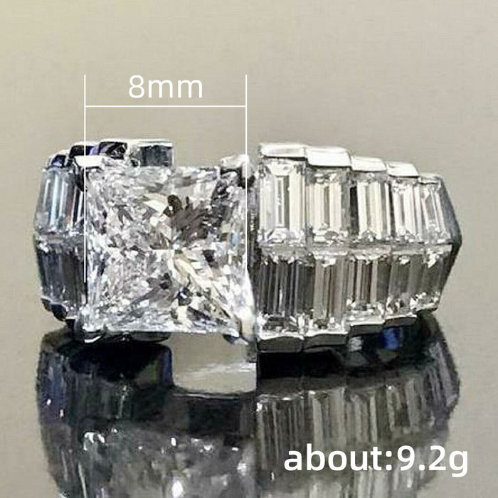 Exquisito anillo de diamantes y circonitas en forma de T, joyería de aniversario de lujo