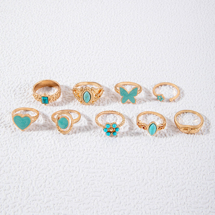 Vintage Enamel Heart Butterfly Ring Set - 9pcs Geometric Flower Rings