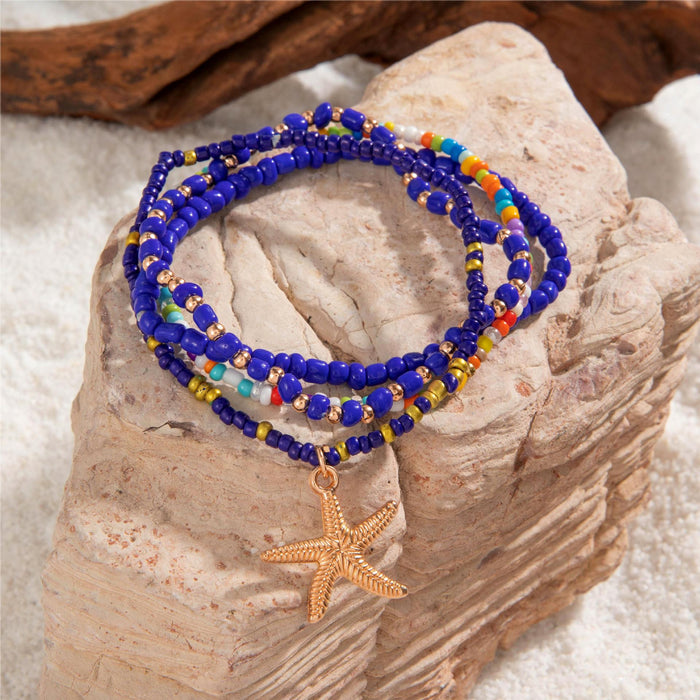 Blue Starfish and Multi-Layer Beaded Anklets - Bohemian Beach Vibes Ankle Bracelet Set