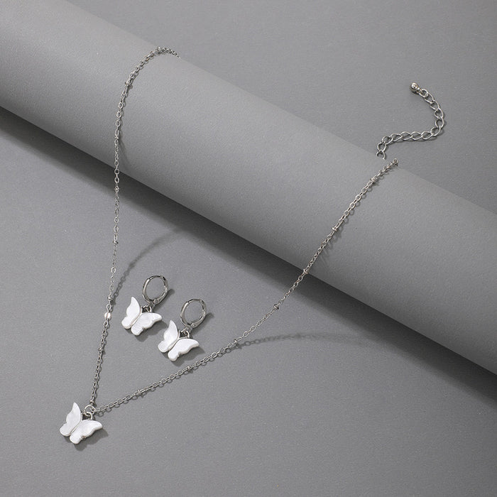 White Butterfly Pendant Necklace and Earring Set - Simple Acrylic Japanese Style