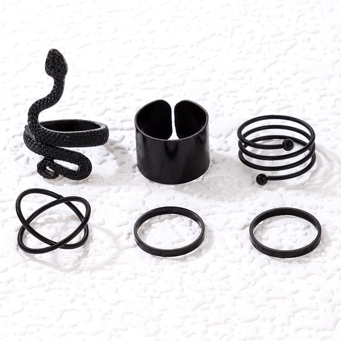 Geometric snake cross ring, multi-piece set black simple plain aperture six-piece set