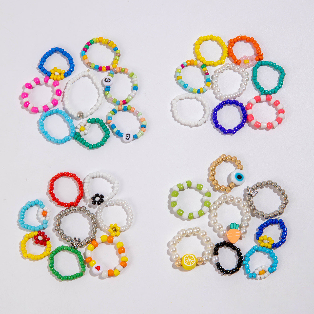 Colorful Beaded Flower Rings - 10pcs Set