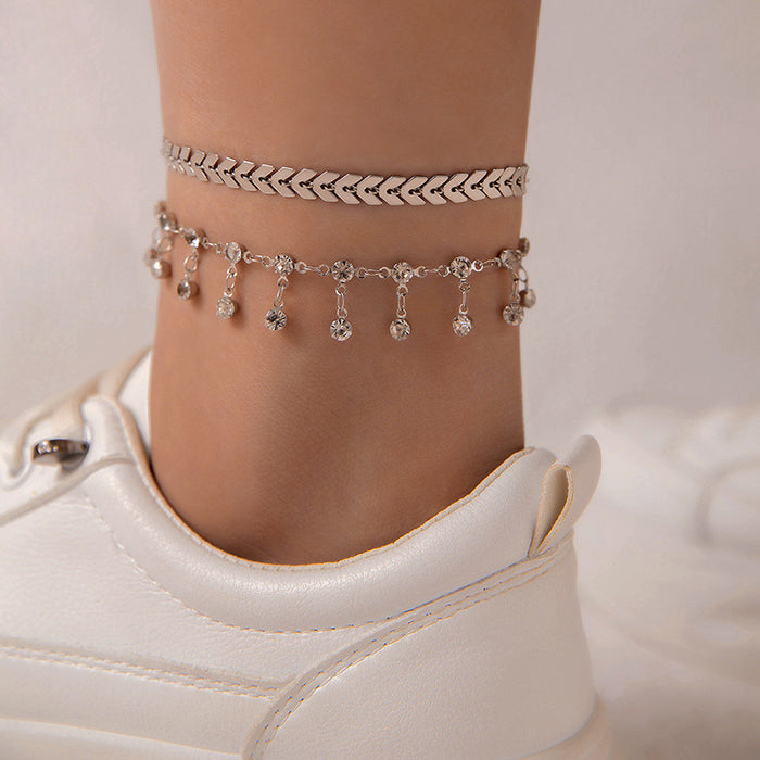 Crystal Tassel Double-Layer Anklet with Geometric Airplane Chain Design