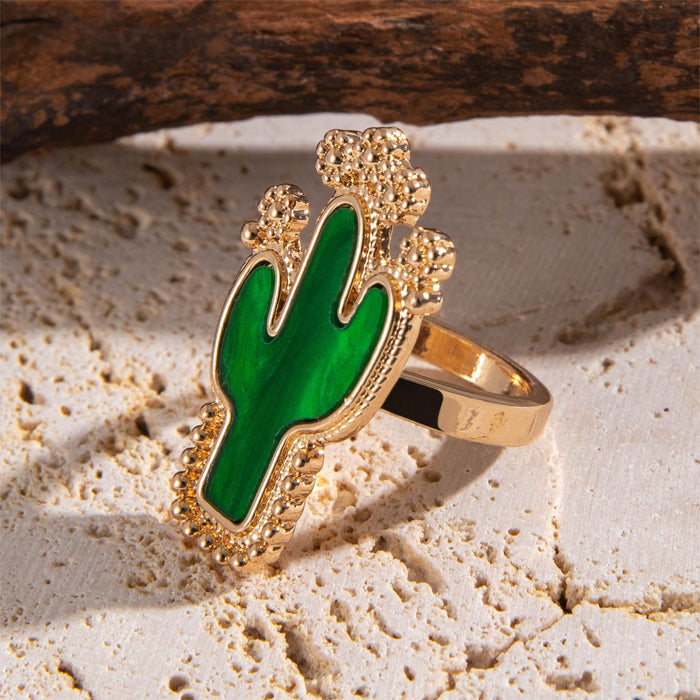 Green Cactus and Flower Ring Set - 8-Piece Simple Enamel Rings for Women