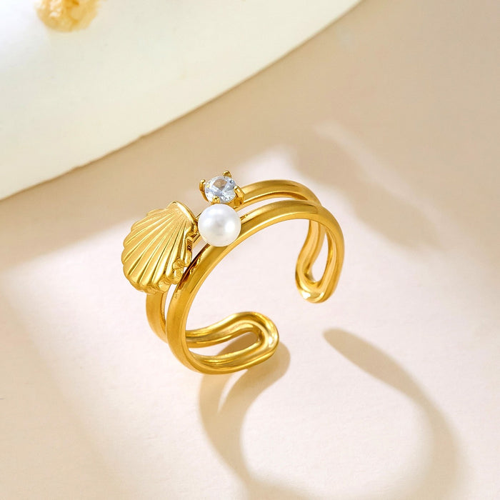 Wholesale stainless steel 18K gold inlaid imitation pearl scallop rings