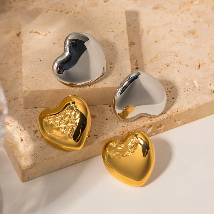 18K Gold Stainless Steel Heart Earrings - Polished Unique Design Jewelry