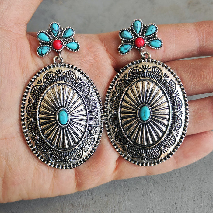 Western Bohemian Metal Earrings with Turquoise and Pumpkin Flower Design