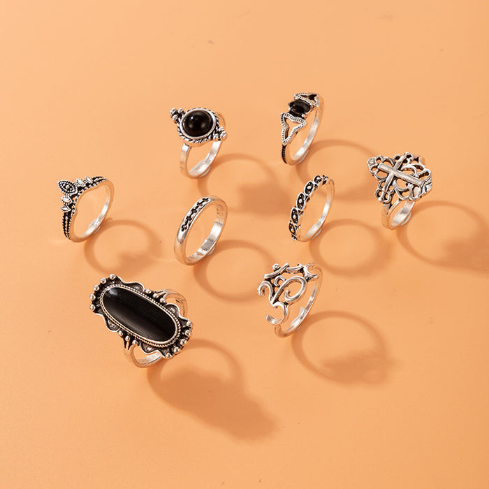 Fashionable and personalized black gemstone diamond cross flower alloy ring eight-piece set