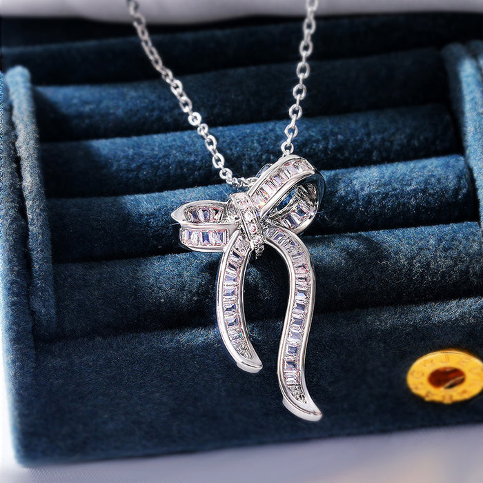 Ladies' clavicle necklace with square zircon bow