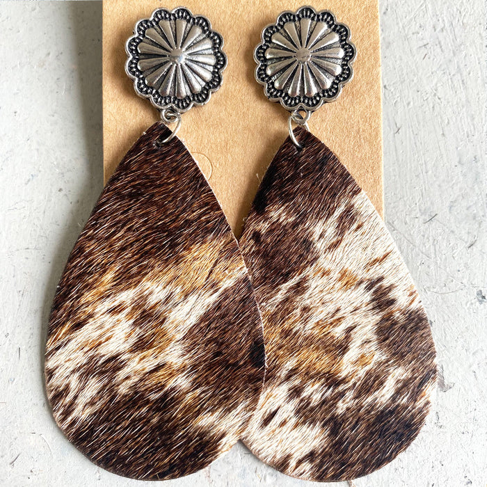 Animal Print Leather Earrings with Bohemian Long Hair and Pumpkin Flower Design