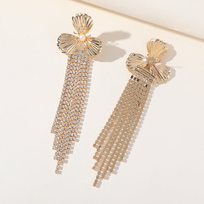 Exaggerated Floral Rhinestone Earrings - Metal Tassel Jewelry for a Bold Look