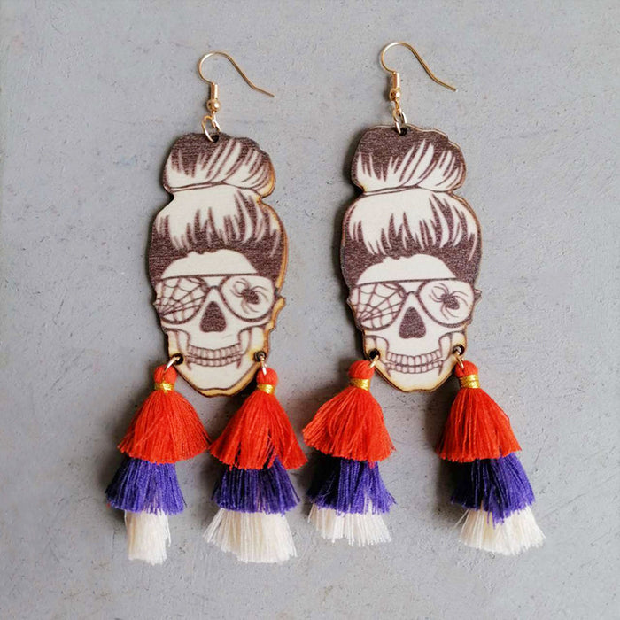 Halloween Tassel Earrings with Wooden Skull and Spider Design