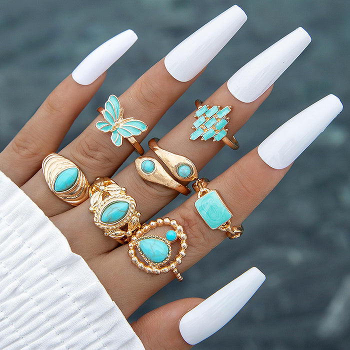 Bohemian Turquoise Snake Eye Ring Set - 7pcs Enamel Butterfly Rings