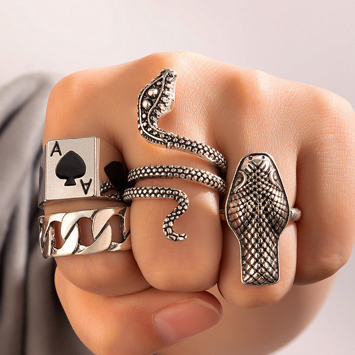 Exaggerated snake-shaped geometric spade A ring set