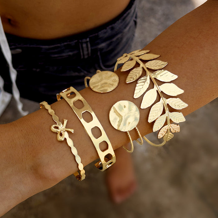 Vintage Leaf Bracelet Set - Four-Piece Jewelry with Geometric and Butterfly Accents