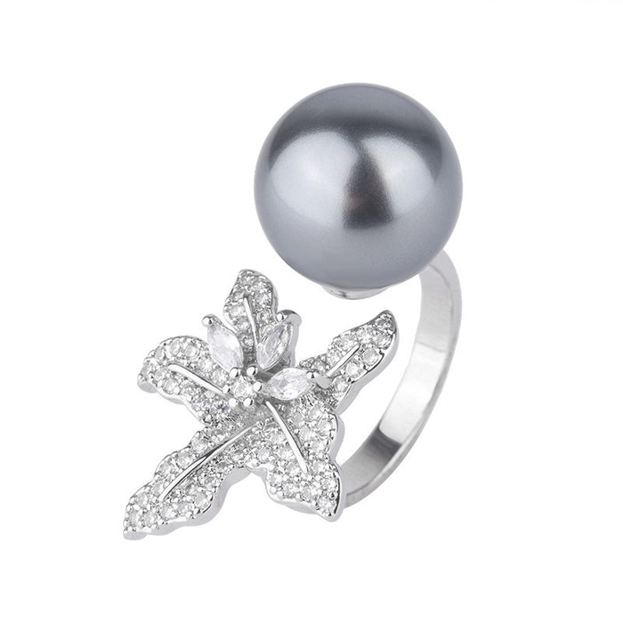 Inlaid imitation pearl flower ring starfish open ring
