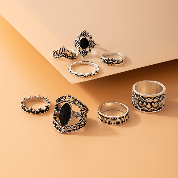 Black oil drip vintage hollow ring 8-piece set