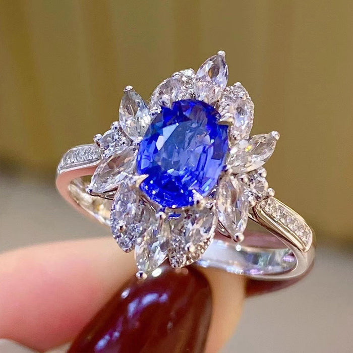 Anillo de lujo con circonitas y zafiro para mujer, anillo para eventos y fiestas