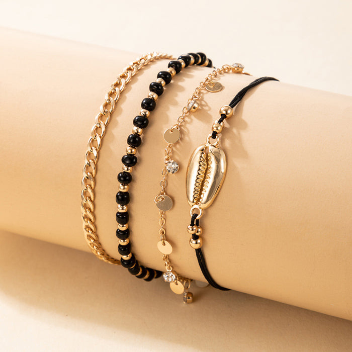 New Shell and Bead Anklet Set - Trendy Four-Layer Ankle Bracelets