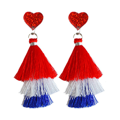 Independence Day Multi-Layer Tassel Heart Earrings with Cheerleader Design