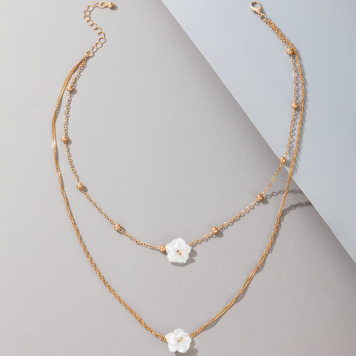 Minimalist White Flower Bead Necklace - Elegant Double-Layer Acrylic Choker