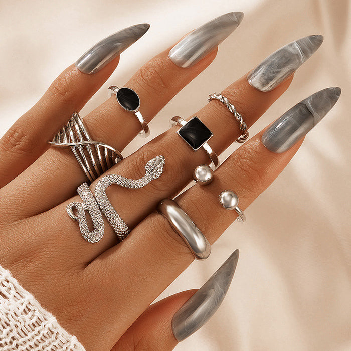 Vintage Black Oil Drop Snake Zodiac 7-Piece Ring Set