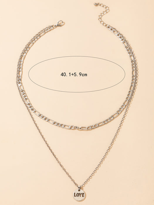 Letter Round Disc Double Layer Necklace with LOVE Metal Hollow Multi-Layer Clavicle Chain