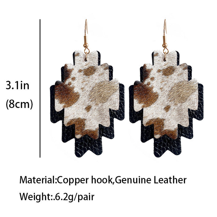 Western Cowboy Earrings with Double-Layer Aztec and Cowhide Design