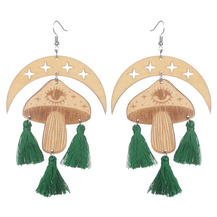 Halloween Tassel Earrings with Wooden Moon and Mushroom Design