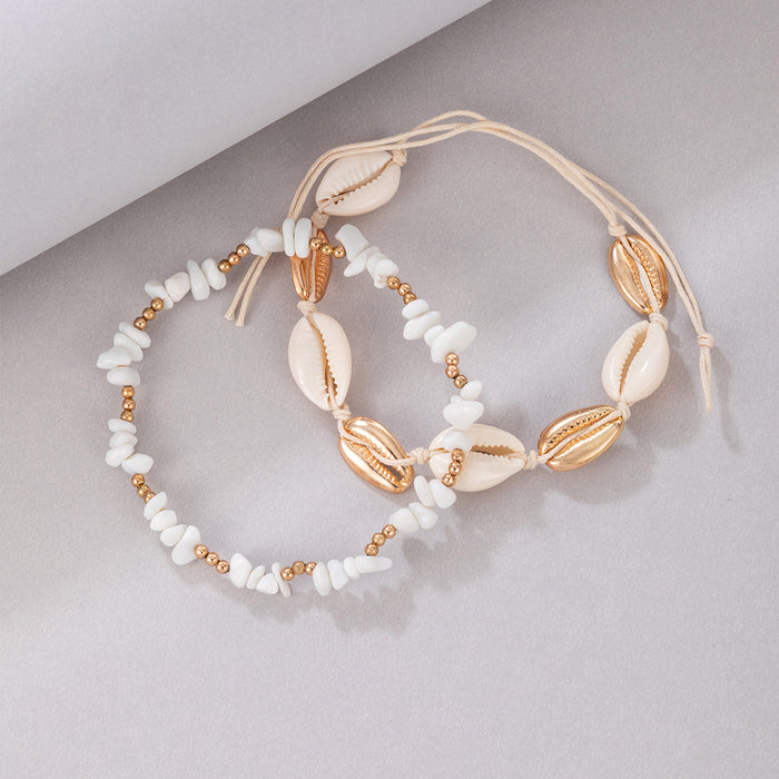 Beach-Style Multi-Layer Anklet with White Pebble Shell and Beaded Design