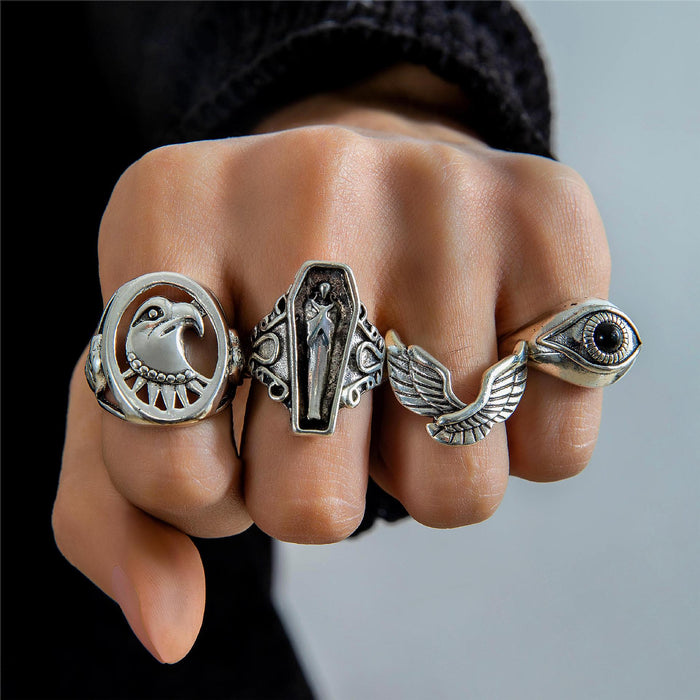 Punk Style Cross Wing Ring Set – Unique Bold Eye & Eagle Men's Rings, 4-Piece Collection