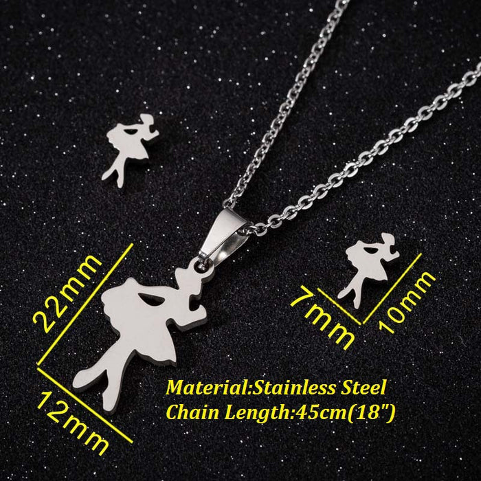 Ballet Dancer Stainless Steel Jewelry Set - Cute and Playful Necklace and Earrings